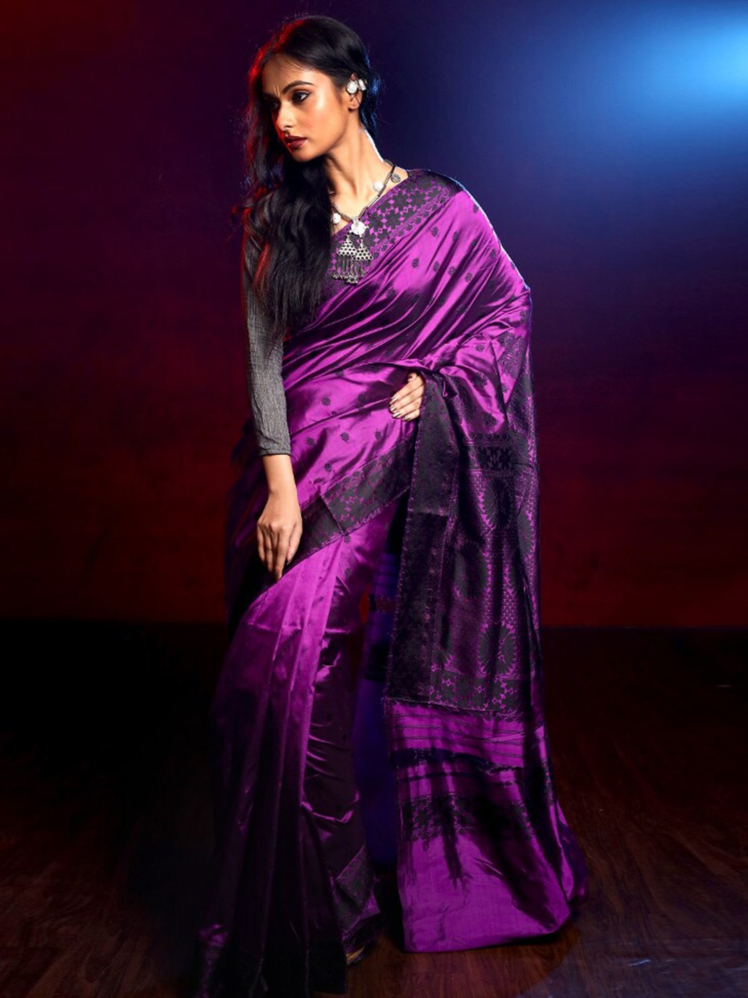 

AllSilks Purple & Black Woven Design Zari Pure Silk Saree