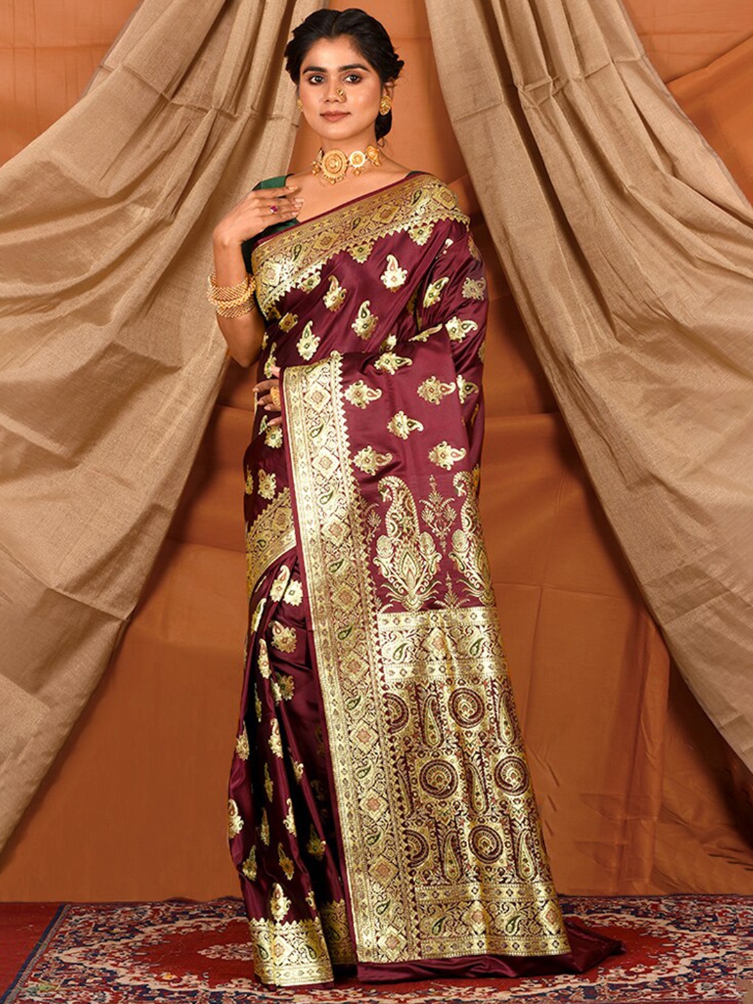 

AllSilks Paisley Woven Design Zari Pure Silk Banarasi Saree, Maroon