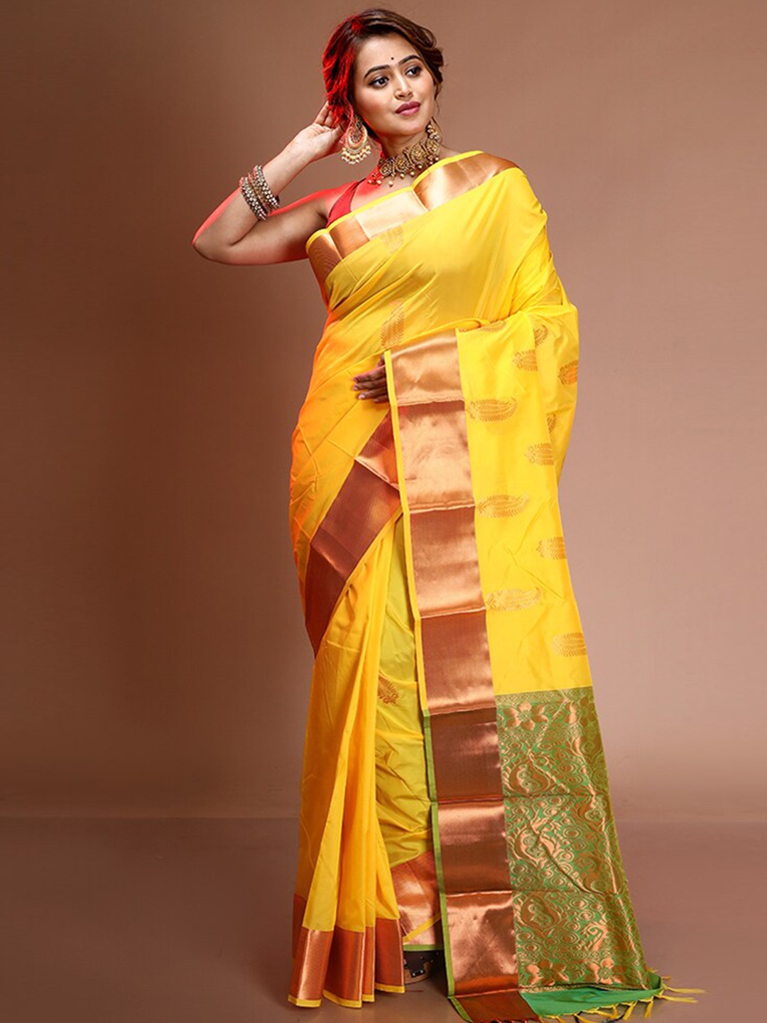 

AllSilks Ethnic Motif Woven Design Zari Pure Silk Kanjeevaram Saree, Yellow