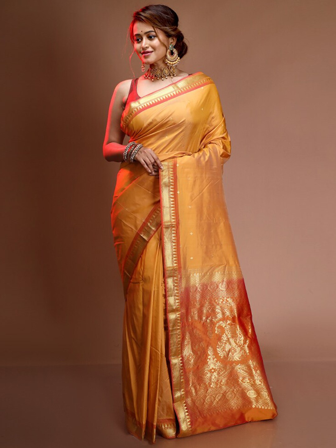 

AllSilks Yellow & Gold-Toned Woven Design Zari Pure Silk Kanjeevaram Saree