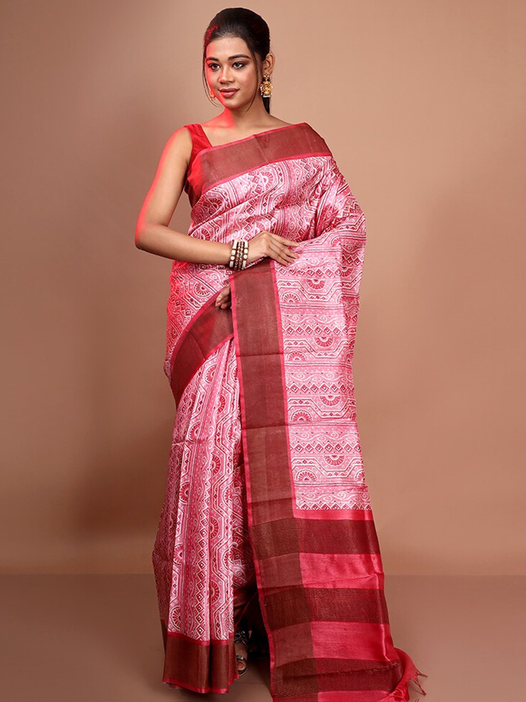

AllSilks Ethnic Motifs Zari Pure Silk Tussar Saree, Pink