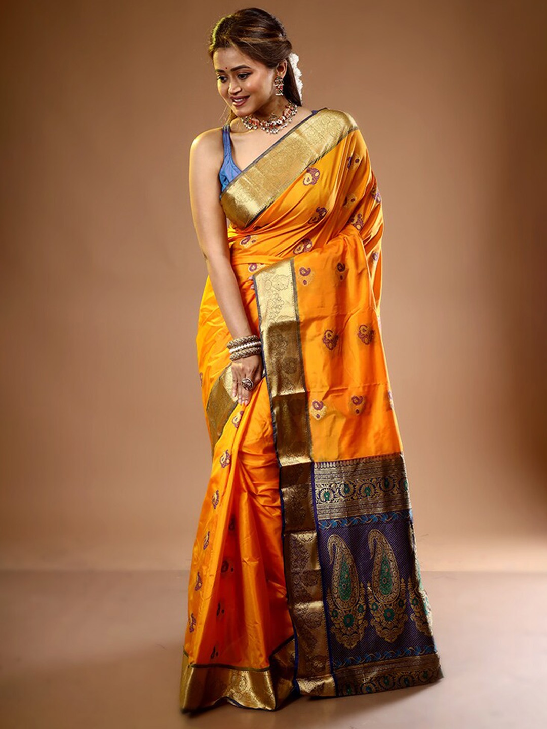 

AllSilks Pailey Woven Design Pure Silk Kanjeevaram Saree, Orange