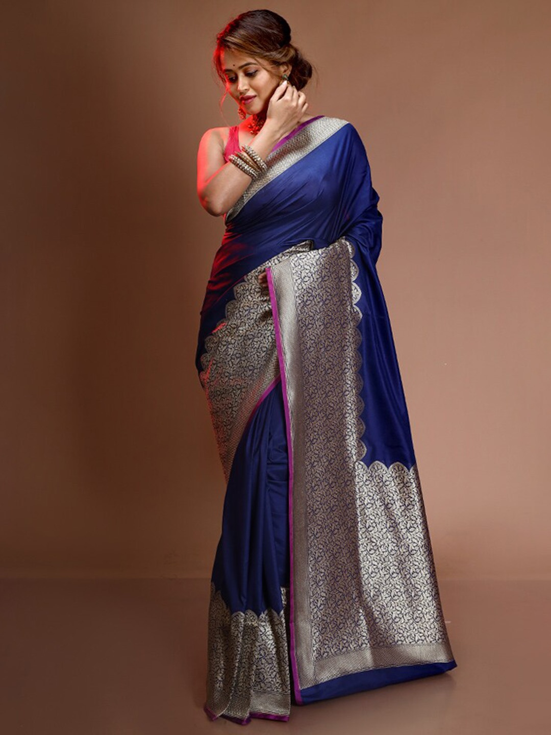 

AllSilks Floral Woven Design Zari Pure Silk Uppada Saree, Navy blue
