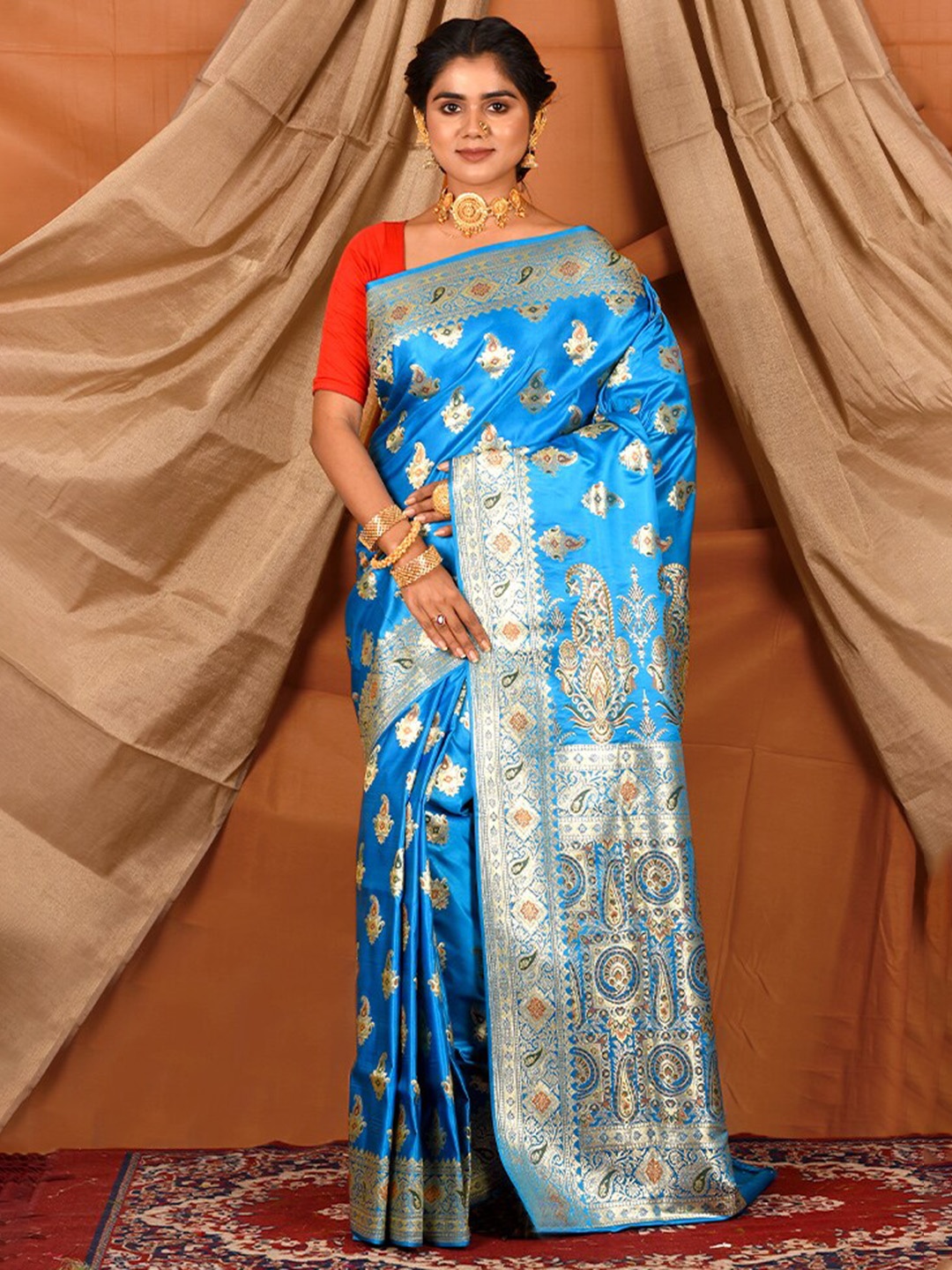 

AllSilks Ethnic Motifs Woven Design Zari Pure Silk Banarasi Saree, Blue
