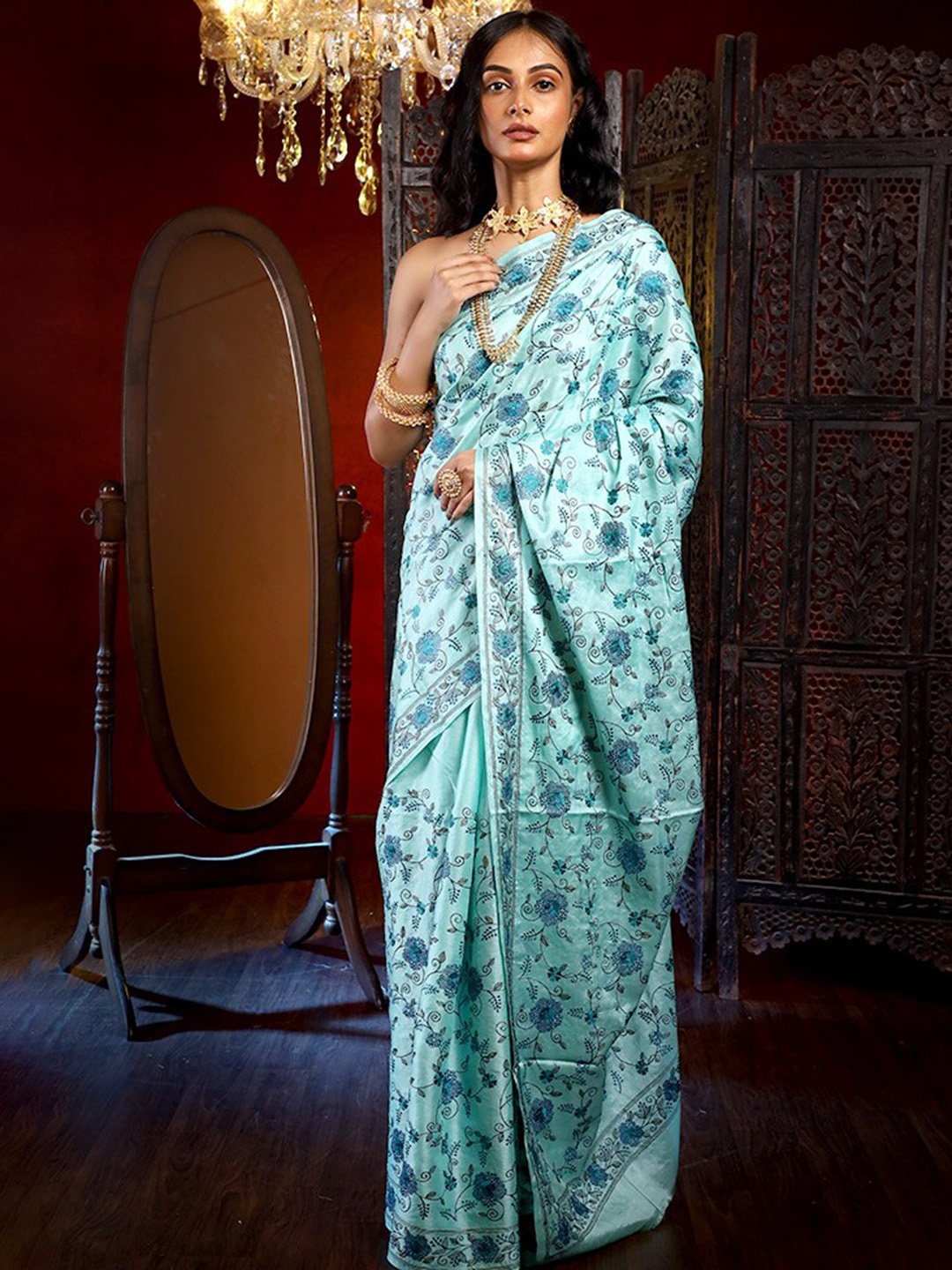 

AllSilks Floral Printed Pure Silk Tussar Saree, Blue