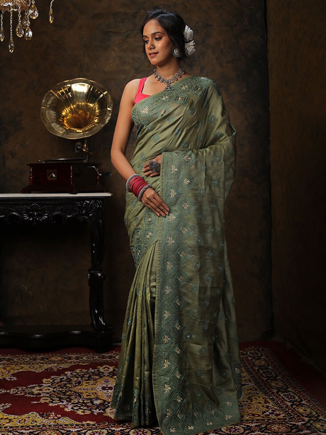 

AllSilks Ethnic Motifs Embroidered Pure Silk Tussar Saree, Green