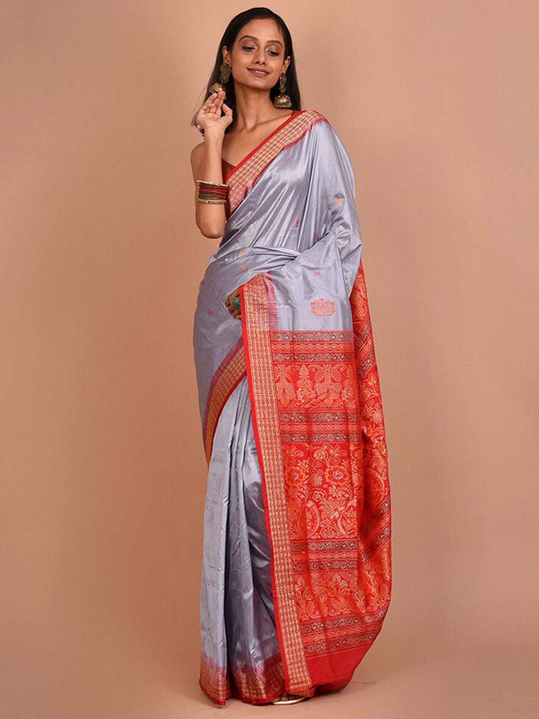 

AllSilks Woven Design Zari Pure Silk Saree, Grey