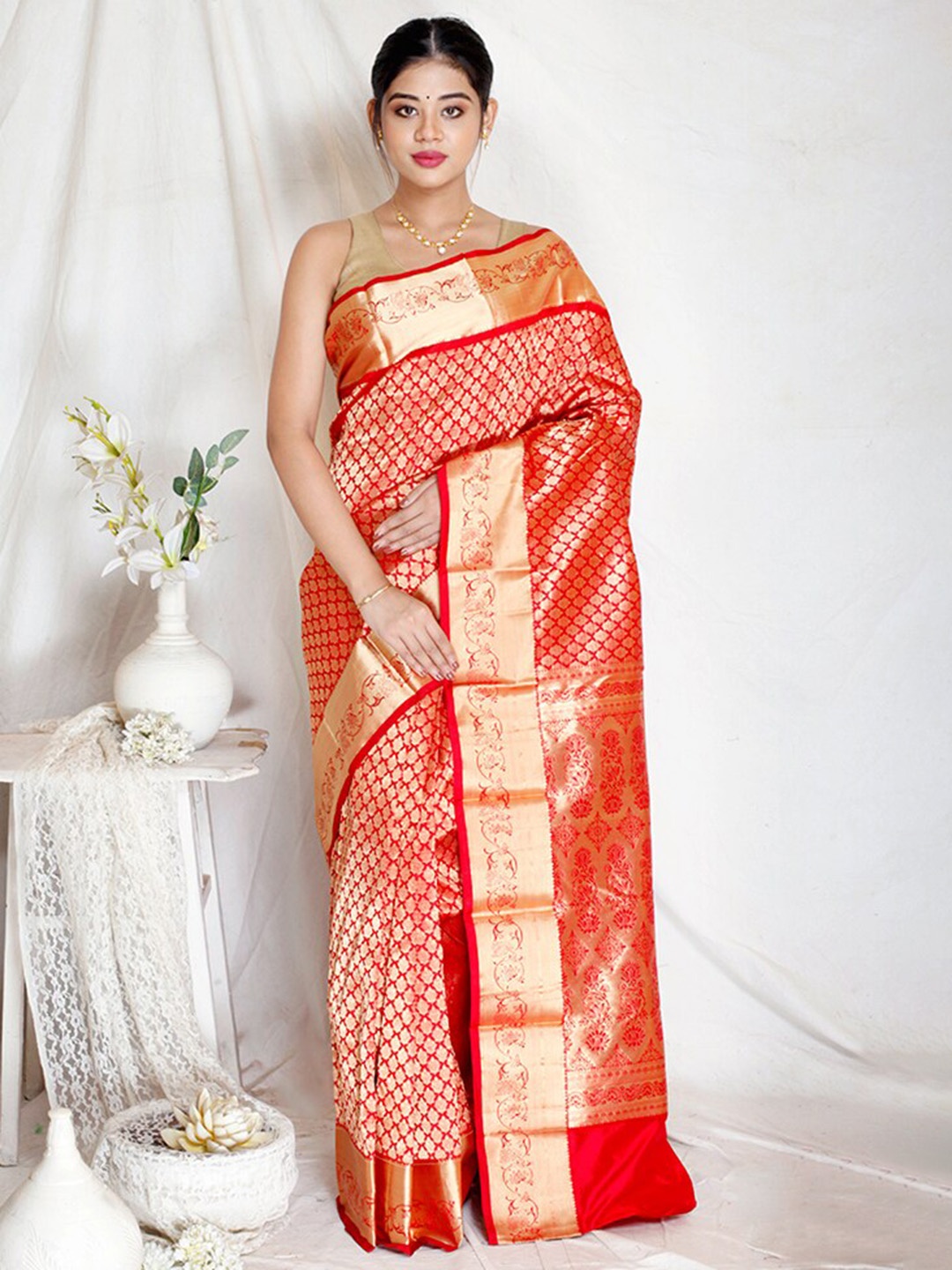 

AllSilks Ethnic Woven Design Zari Pure Silk Kanjeevaram Saree, Red