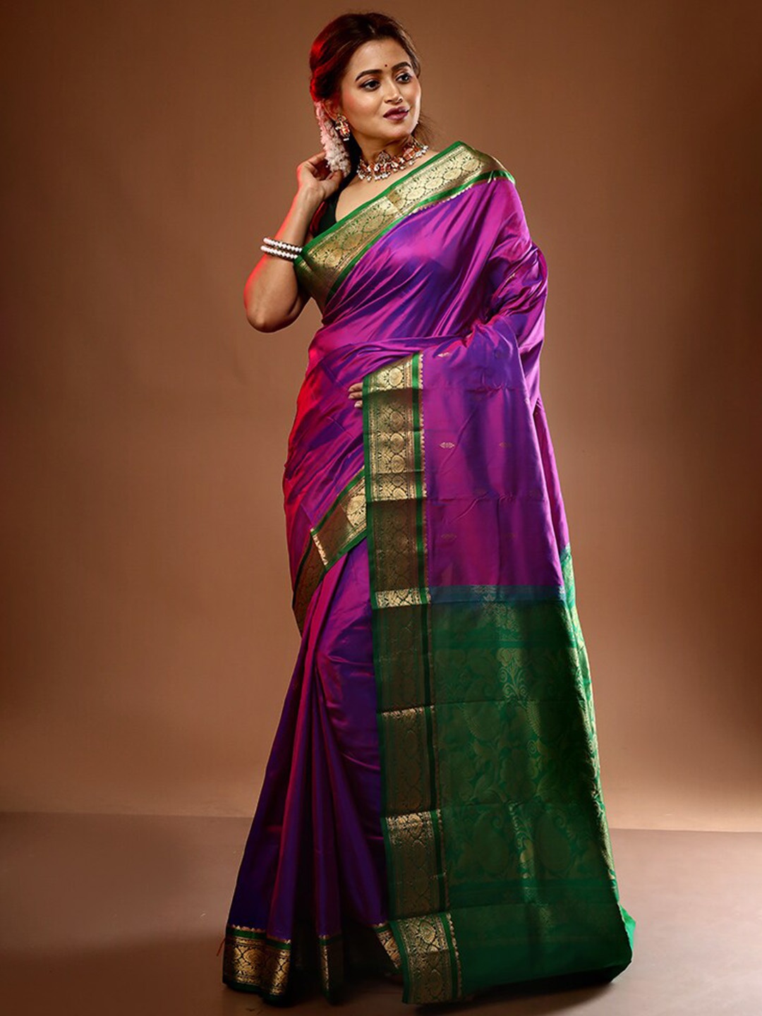 

AllSilks Purple & Green Woven Design Zari Pure Silk Kanjeevaram Saree