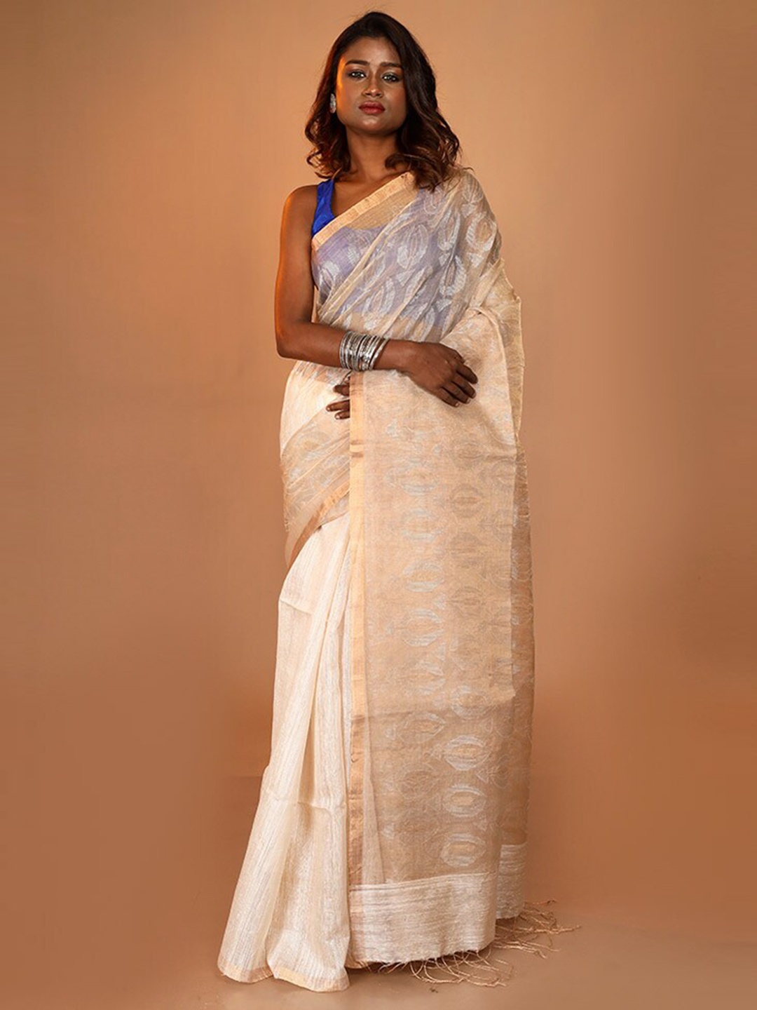 

AllSilks Woven Design Zari Pure Silk Saree, Cream