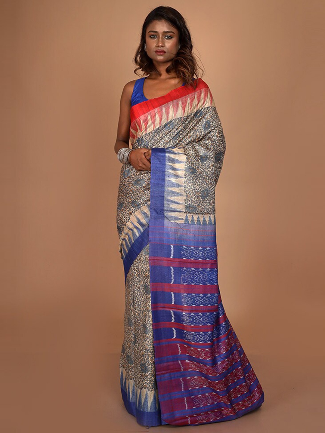 

AllSilks Beige & Red Ethnic Motifs Pure Silk Tussar Saree