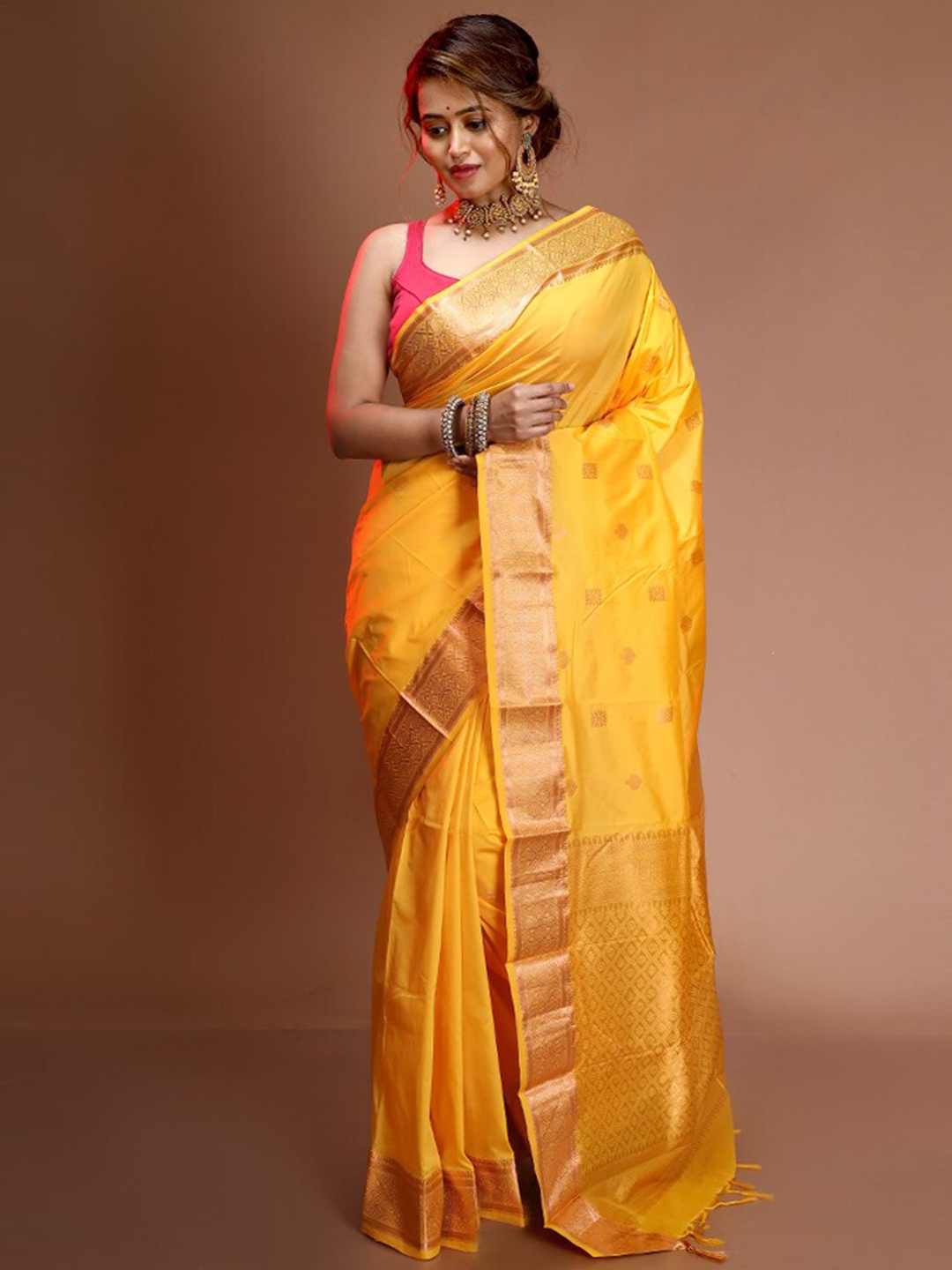 

AllSilks Yellow & Gold-Toned Woven Design Zari Pure Silk Kanjeevaram Saree