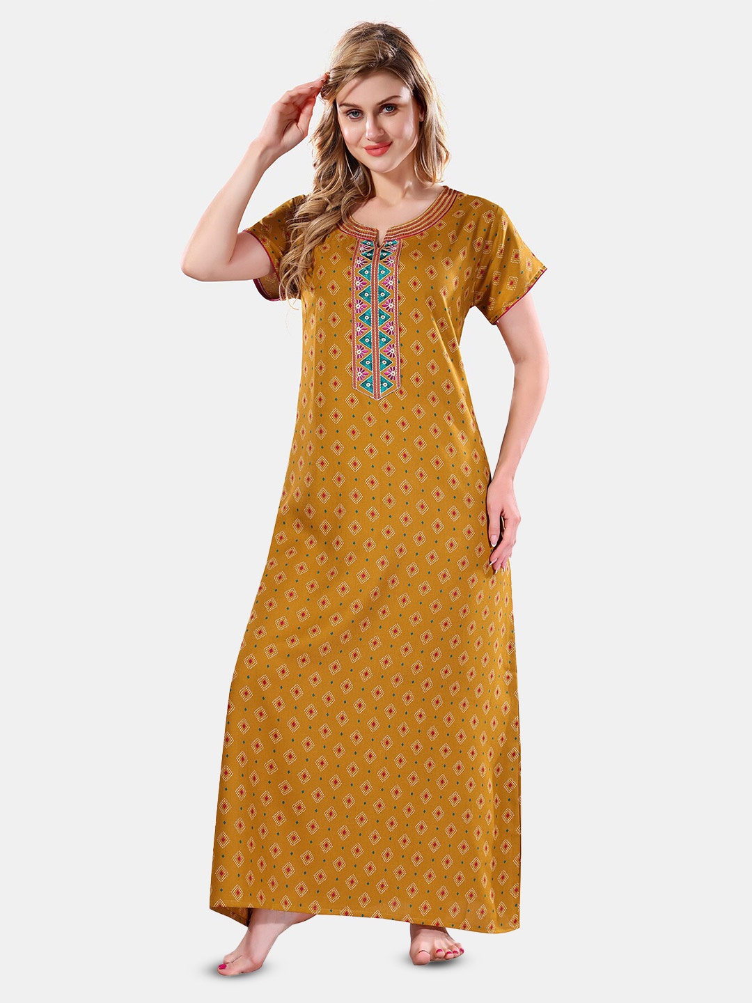 

Be You Ethnic Motifs Printed Maxi Nightdress, Mustard