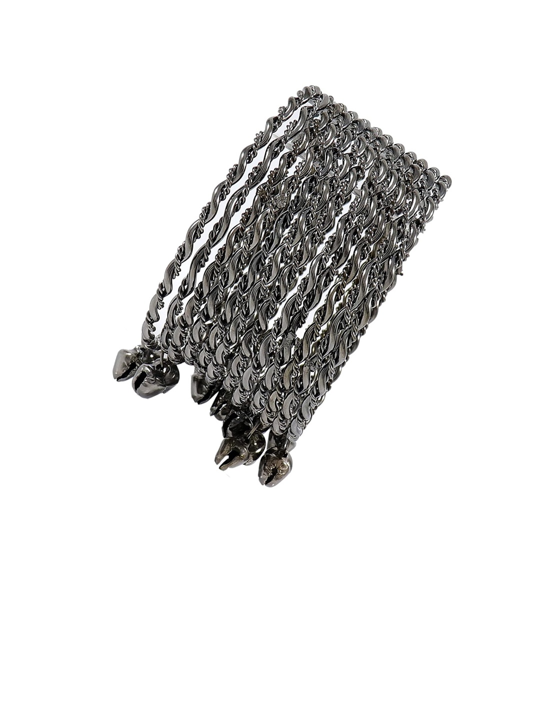 

NMII Set Of 12 Zircon Gemstone-Studded Glossy Finished Ghungroo Detailed Bangles, Black