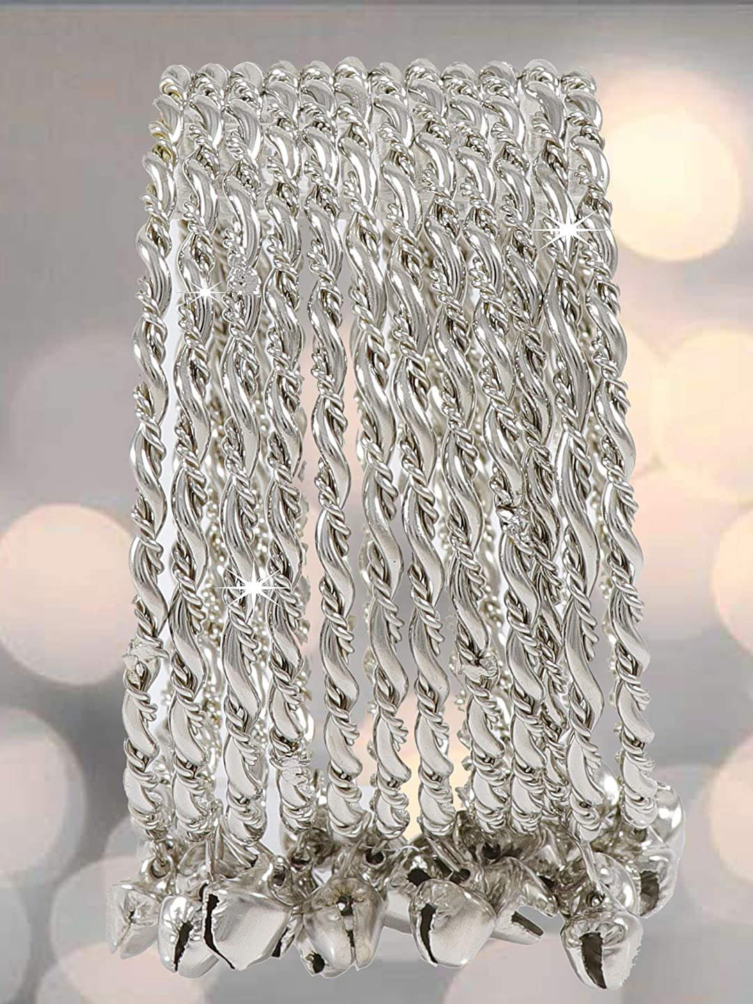 

NMII Set Of 12 Glossy Finished Metal Bangles, Silver