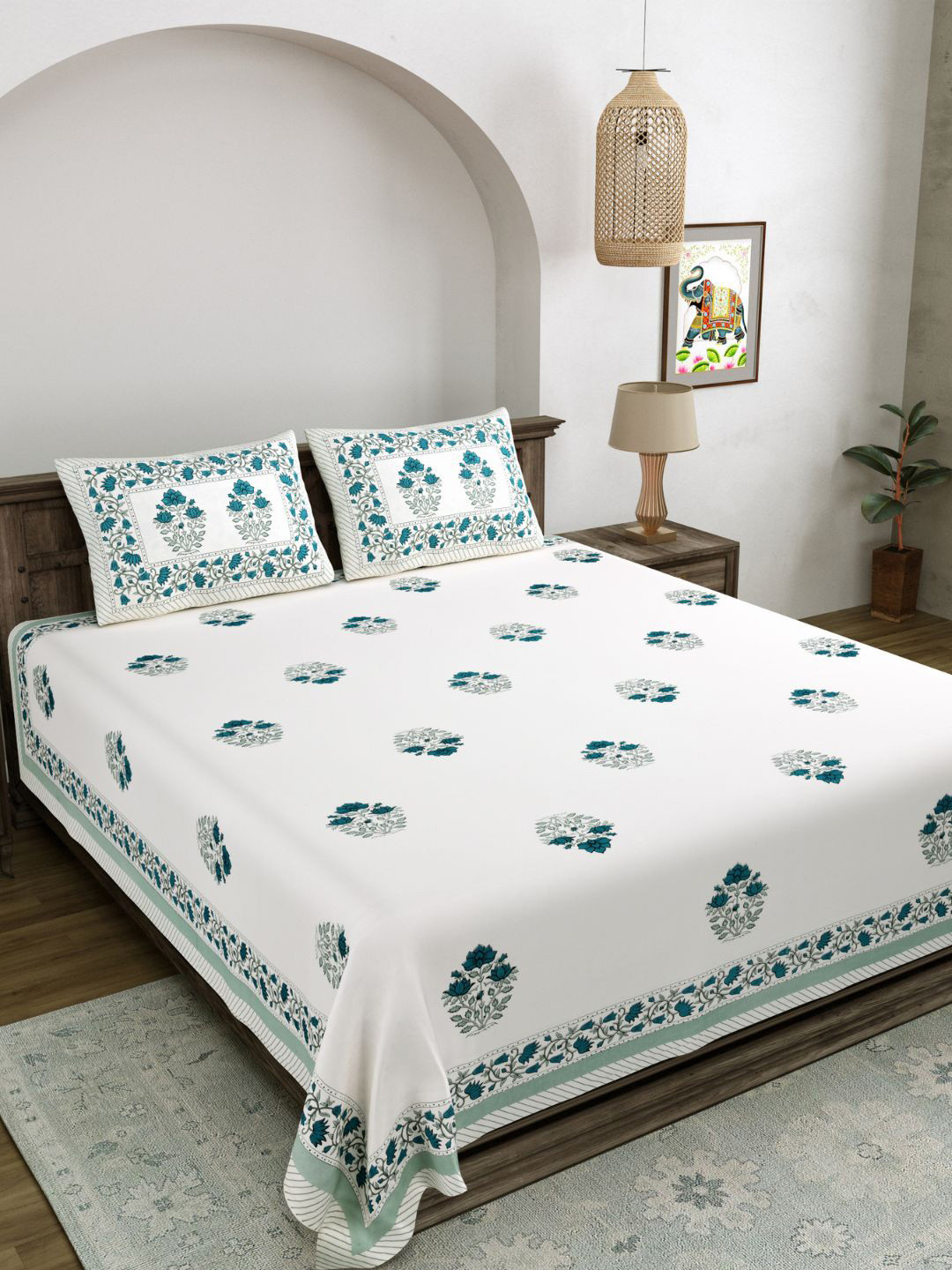 

LIVING ROOTS White & Teal Printed 210 TC Pure Cotton King Bedsheet & 2 Pillow Covers