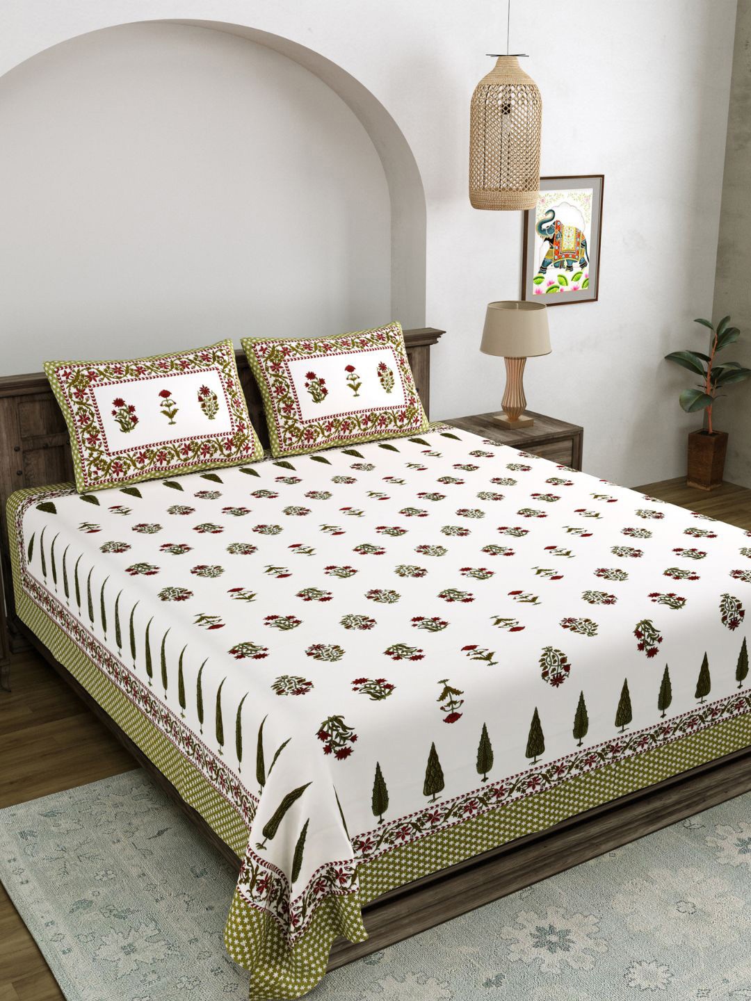 

LIVING ROOTS White & Green Printed 210 TC Pure Cotton King Bedsheet & 2 Pillow Covers