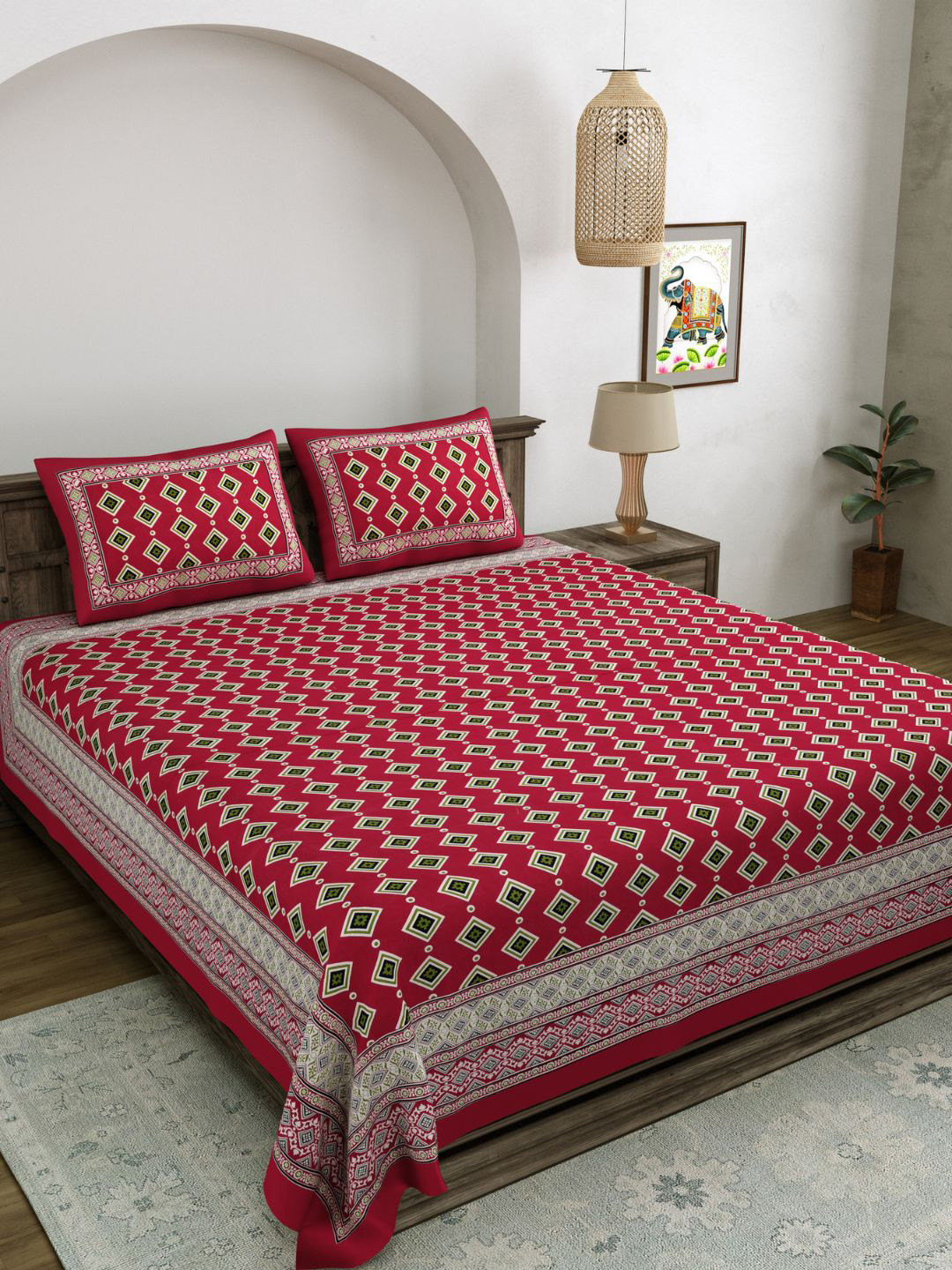 

LIVING ROOTS Maroon & Green Printed 210 TC Pure Cotton King Bedsheet & 2 Pillow Covers