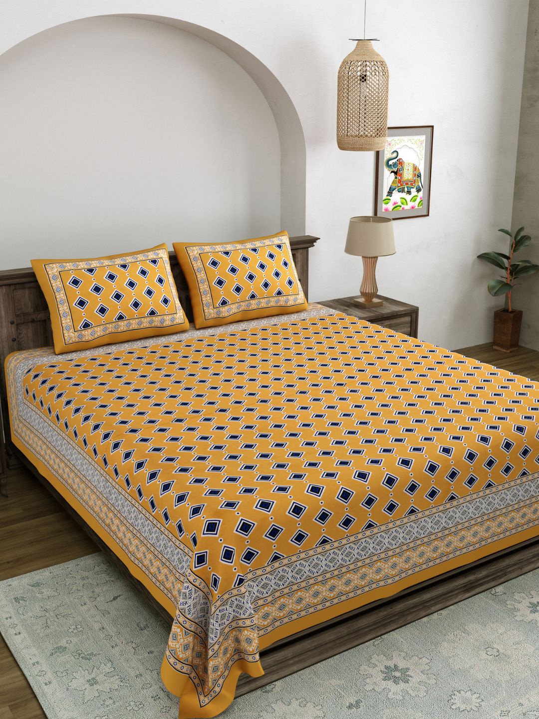 

LIVING ROOTS Brown & Blue Printed 210 TC Pure Cotton King Bedsheet & 2 Pillow Covers