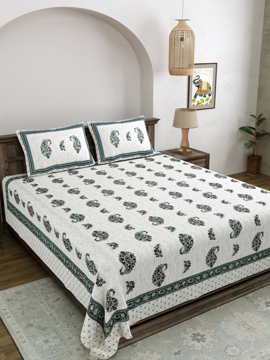 

LIVING ROOTS White & Blue Printed 210 TC Pure Cotton King Bedsheet & 2 Pillow Covers