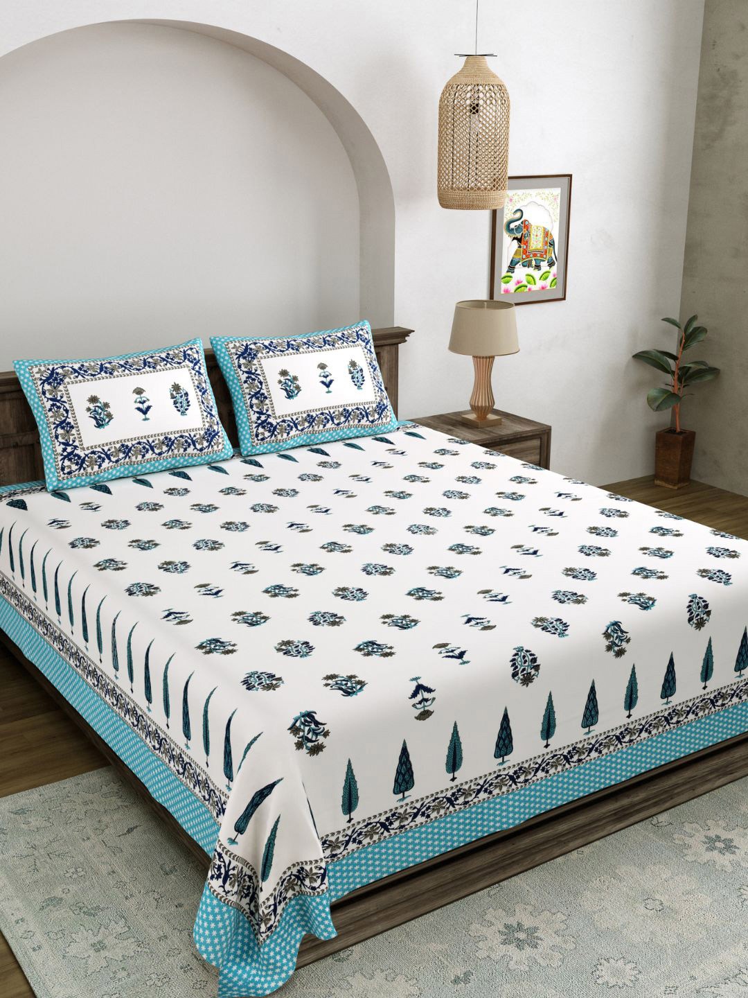

LIVING ROOTS White & Blue Printed 210 TC Pure Cotton King Bedsheet & 2 Pillow Covers