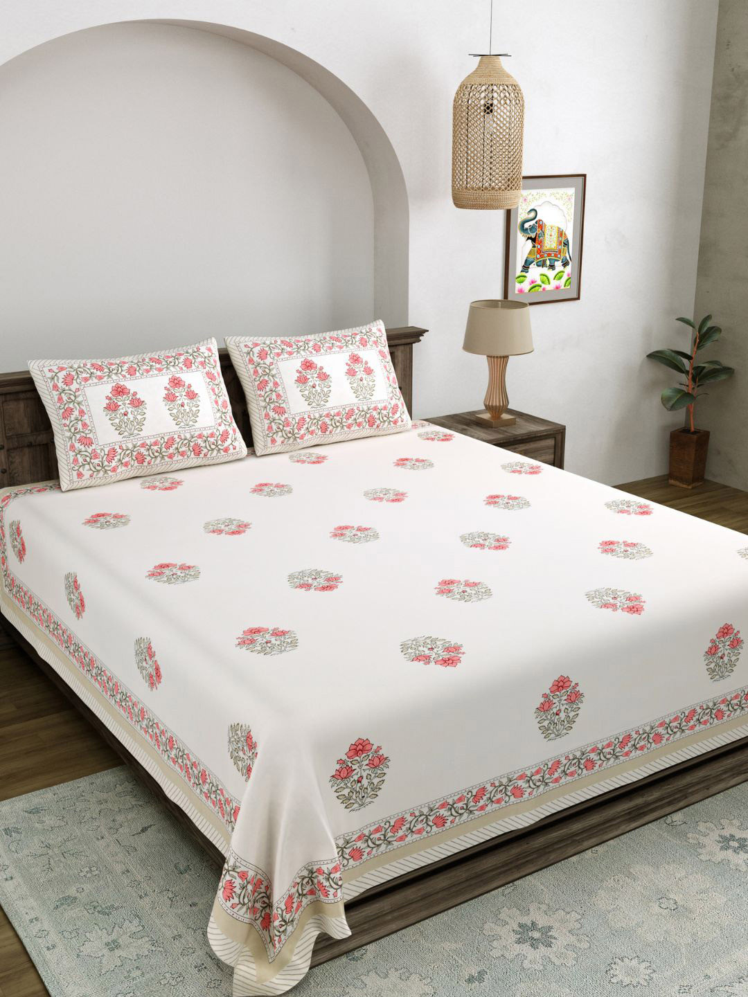 

LIVING ROOTS Double King Size Jaipur Block Print Cotton Double Bedsheet & 2 Pillow Covers, White