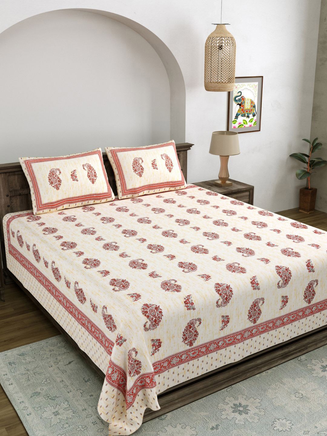 

LIVING ROOTS Yellow & Maroon Printed 210 TC Pure Cotton King Bedsheet & 2 Pillow Covers