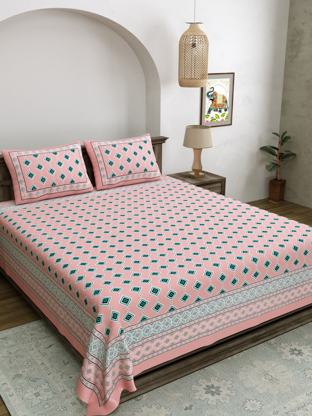 

LIVING ROOTS Pink & Green Printed 210 TC Pure Cotton King Bedsheet & 2 Pillow Covers