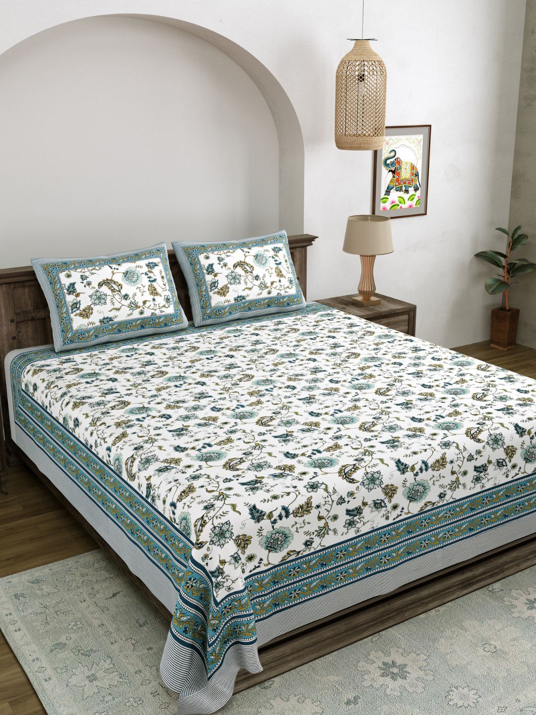 

LIVING ROOTS Double King Size Jaipur Block Print Cotton Double Bedsheet & 2 Pillow Covers, White