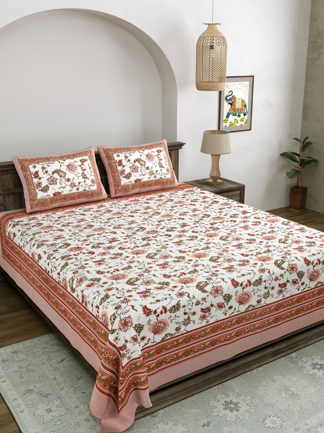 

LIVING ROOTS Double King Size Jaipur Block Print Cotton Double Bedsheet & 2 Pillow Covers, White