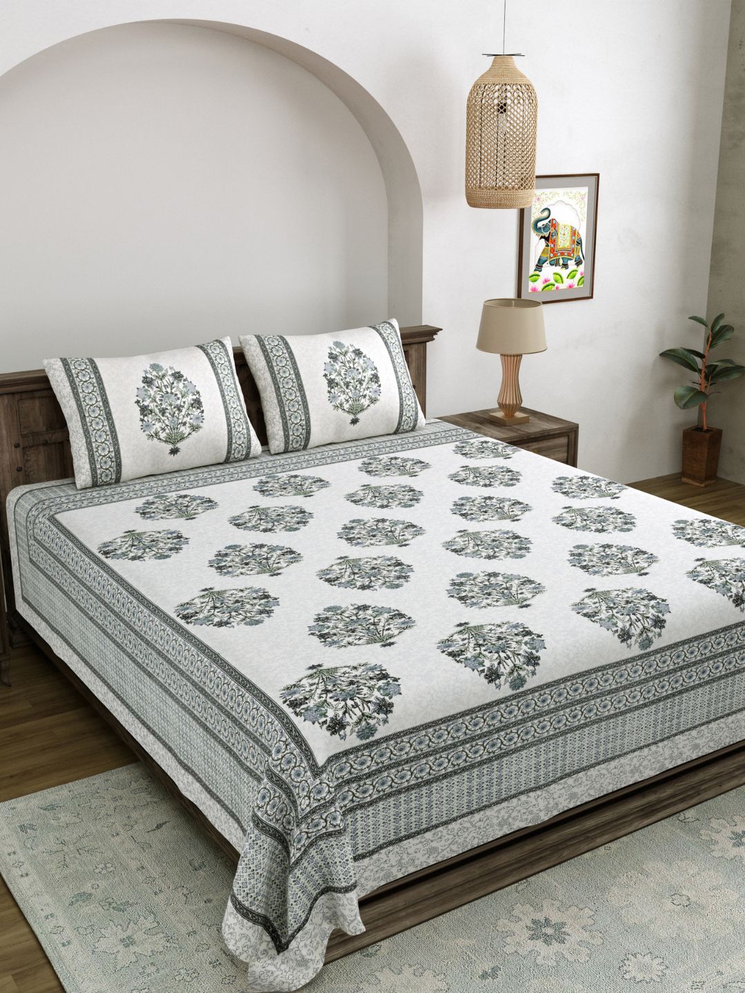 

LIVING ROOTS White & Grey Printed 210 TC Pure Cotton King Bedsheet & 2 Pillow Covers