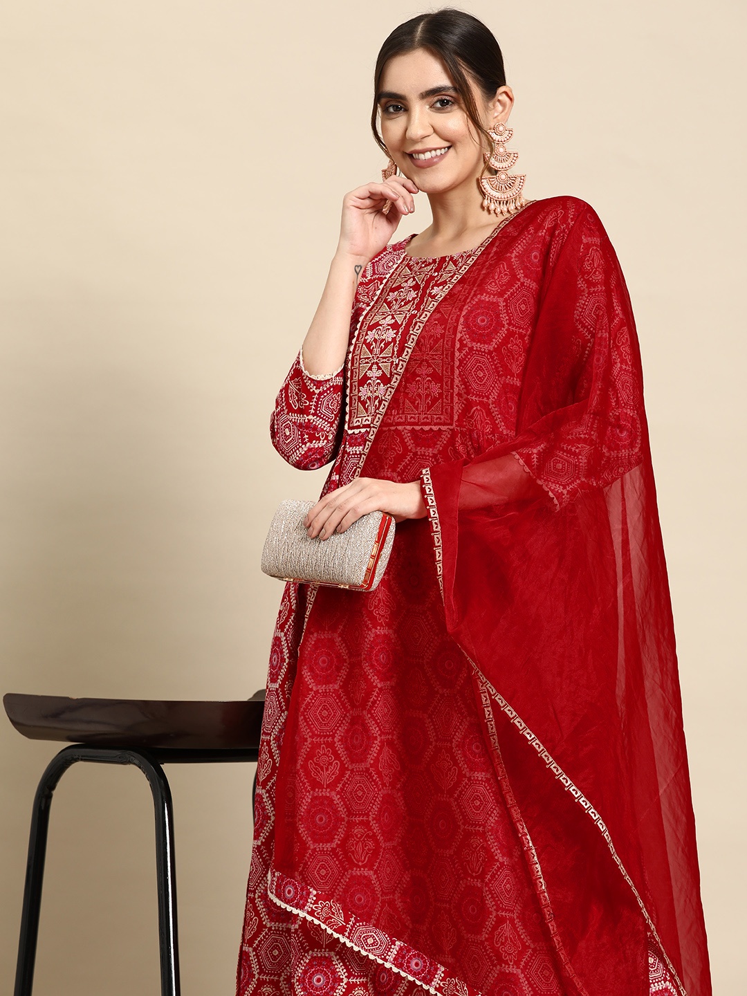 

Sangria Ethnic Motifs Printed High Slit Sequinned Kurta With Trousers & Dupatta, Red