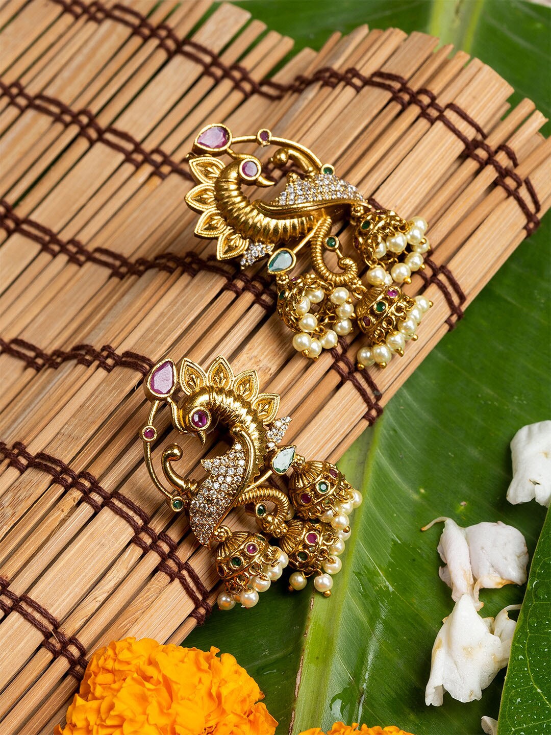 

HOUSE OF ARLI Gold-Plated Peacock Shaped Jhumkas Earrings