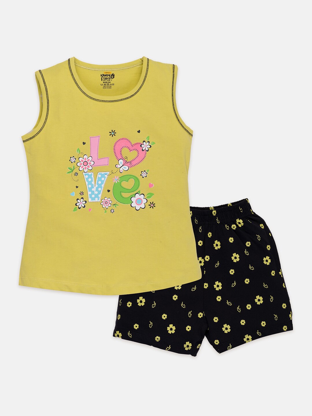 

AMUL Kandyfloss Girls Printed Pure Cotton Top with Shorts, Yellow