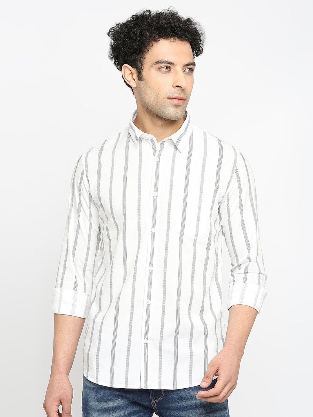 

SPYKAR Slim Fit Striped Cotton Casual Shirt, White