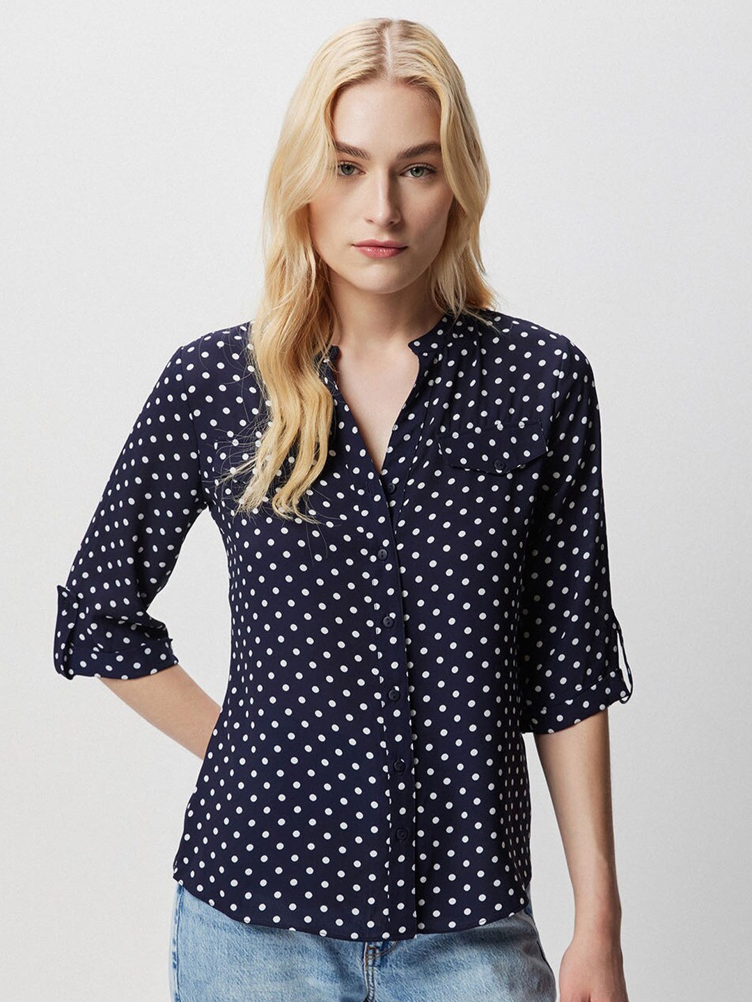 

COVER STORY Navy Blue & White Polka Dot Printed Mandarin Collar Shirt Style Top
