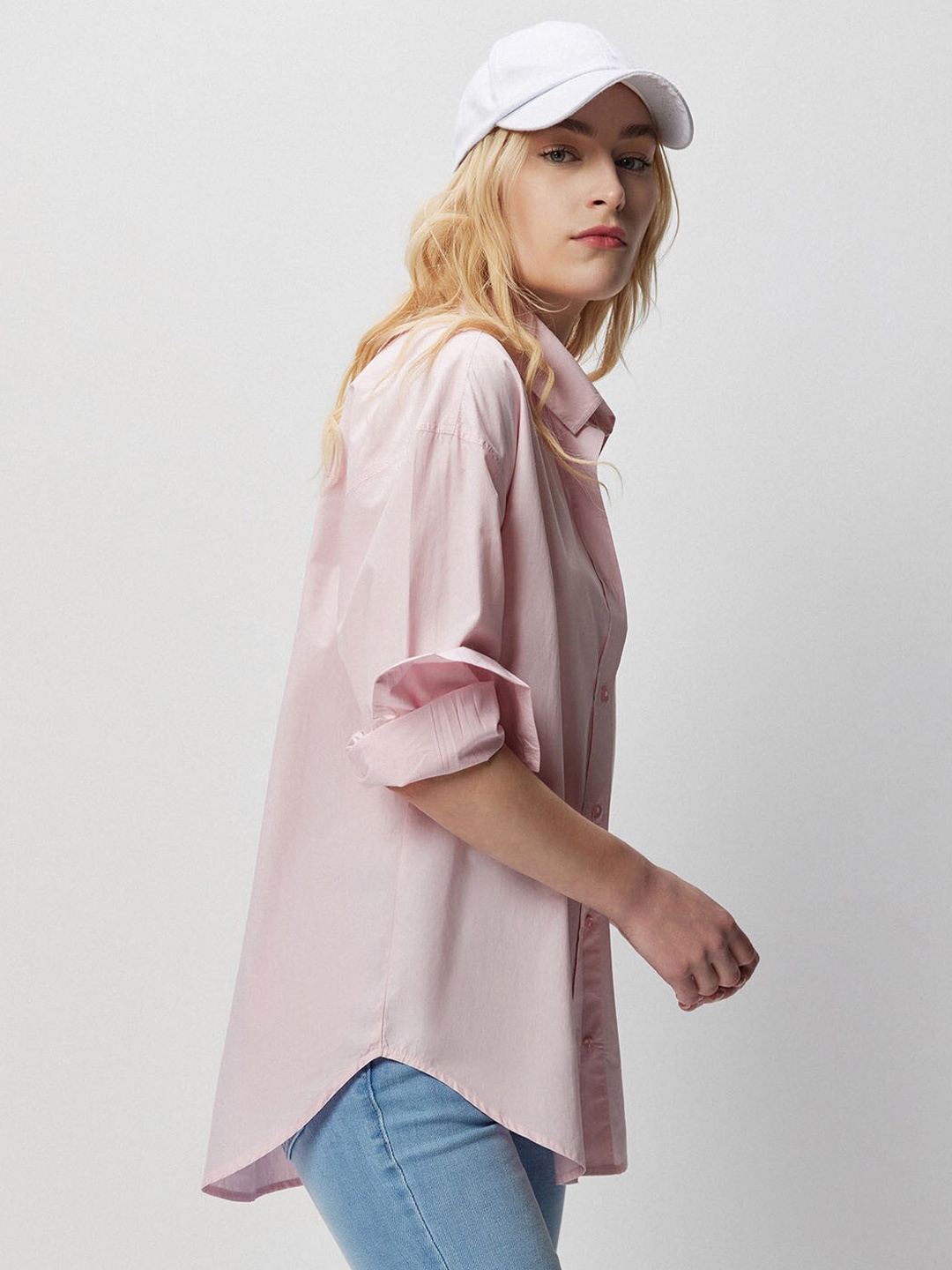 

COVER STORY Pink Boxy Fit Longline Pure Cotton Casual Shirt