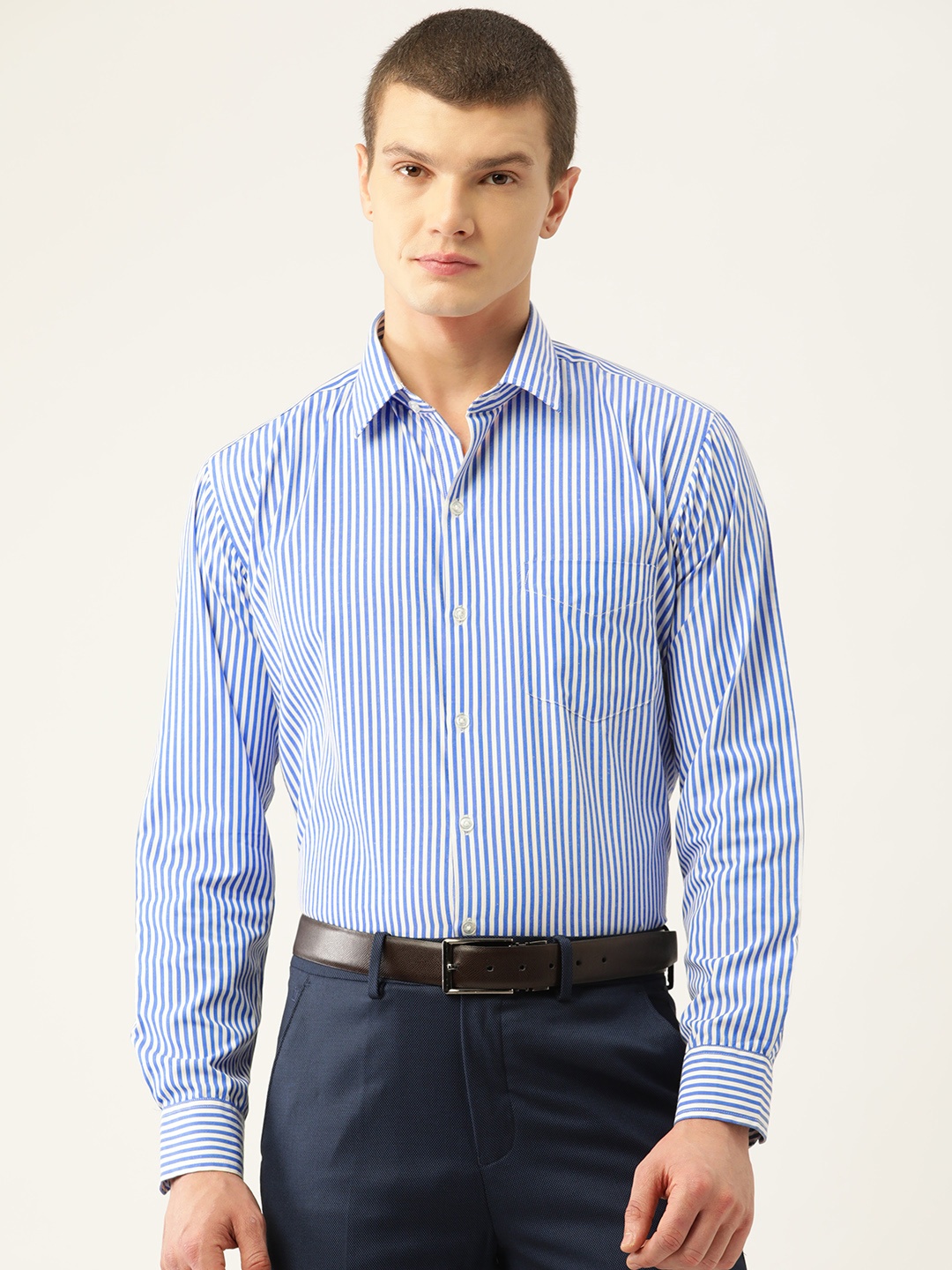 

English Navy Men Slim Fit Opaque Striped Formal Shirt, Blue