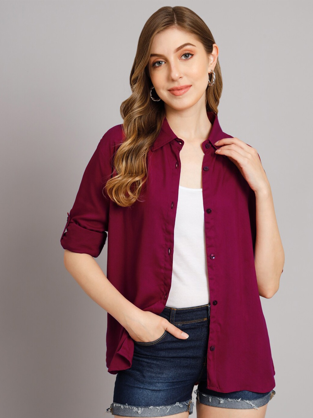 

Funday Fashion Roll-Up Sleeves Boxy Fit Casual Shirt, Burgundy