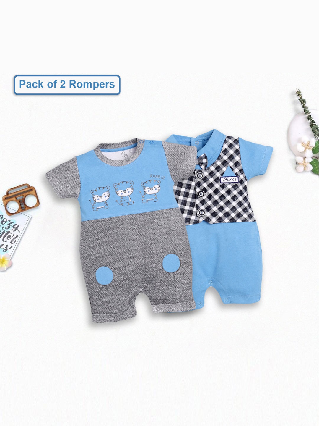 

BABY GO Infant Boys Pack Of 2 Printed Pure Cotton Rompers, Blue