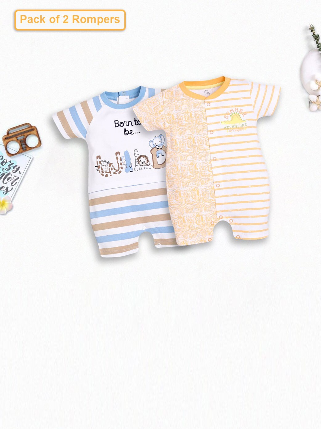 

BABY GO Infant Boys Pack Of 2 Striped Pure Cotton Rompers, White