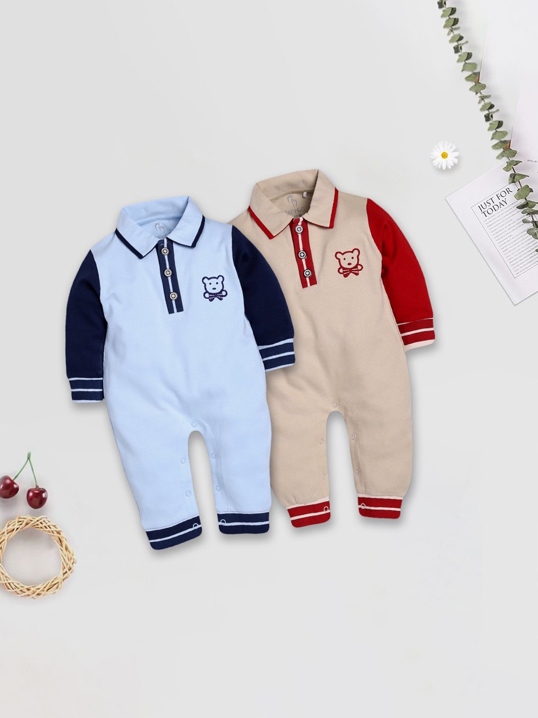 

BABY GO Infant Boys Pack Of 2 Pure Cotton Rompers, Blue