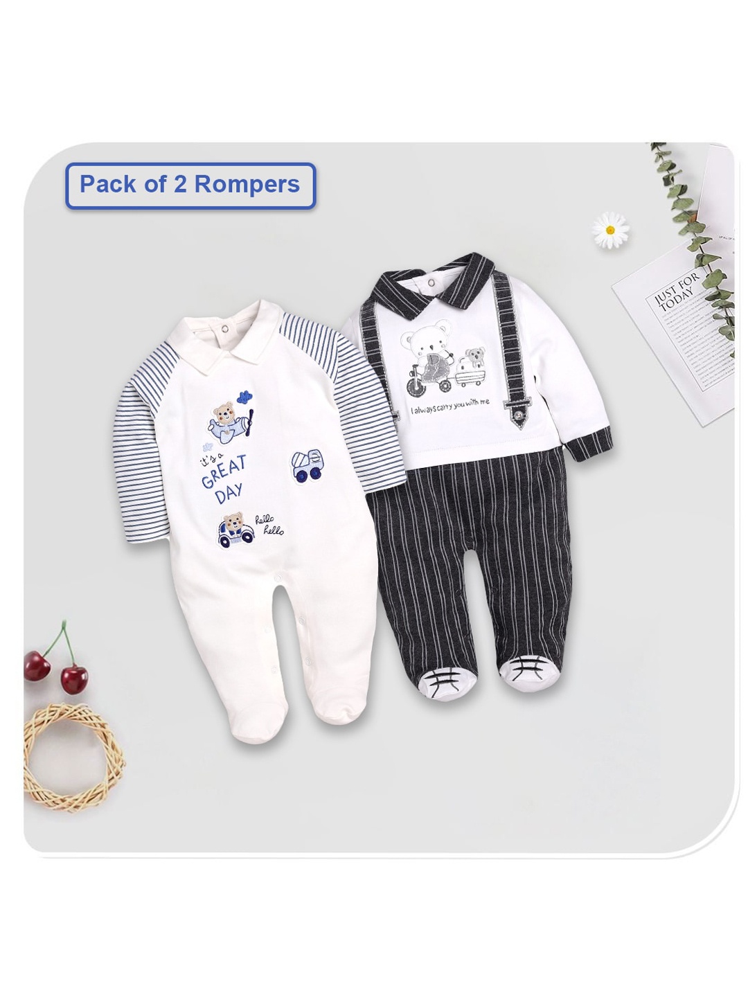 

BABY GO Boys Pack Of 2 Printed Pure Cotton Sleepsuit, White