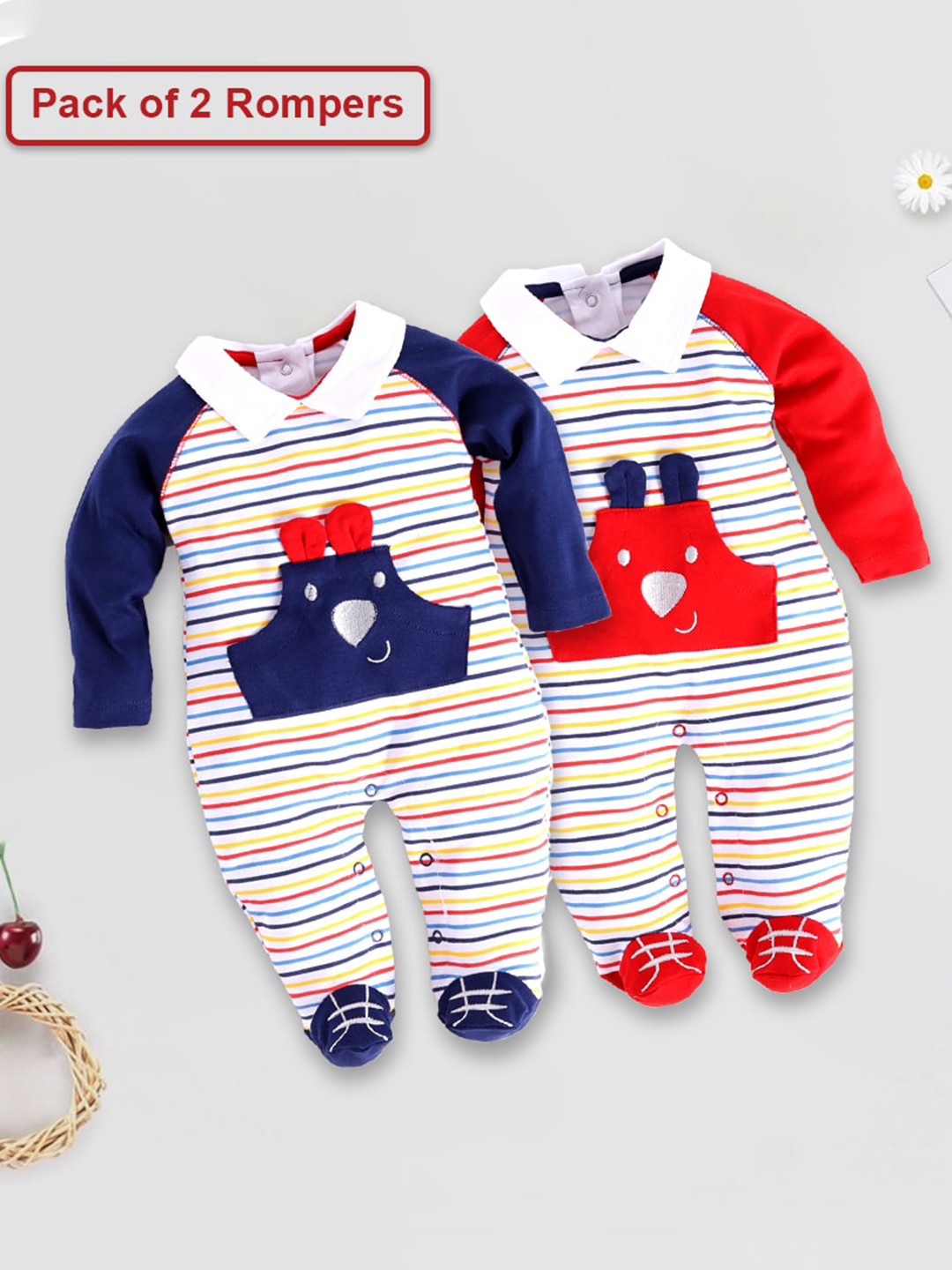 

BABY GO Infant Boys Set Of 2 Striped Pure Cotton Sleepsuit, Blue