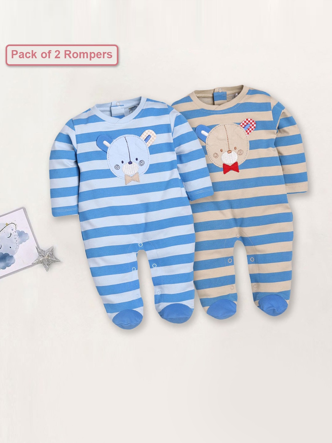 

BABY GO Infants Pack Of 2 Printed Pure Cotton Sleepsuit, Blue