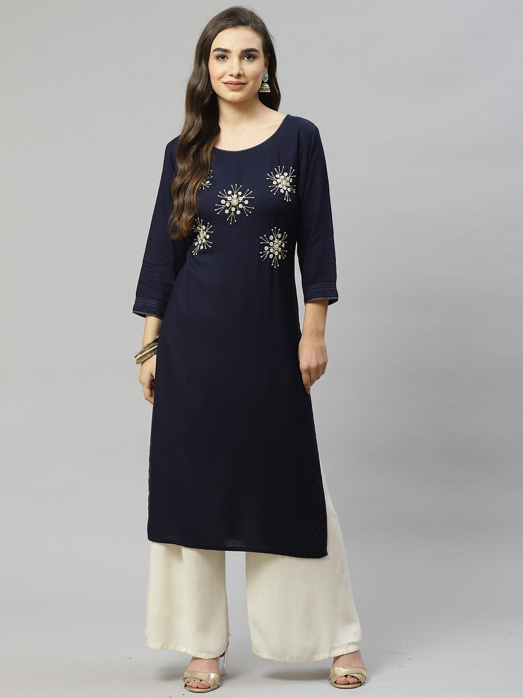 

KALINI Embellished Beads and Stones Detail Kurta, Navy blue