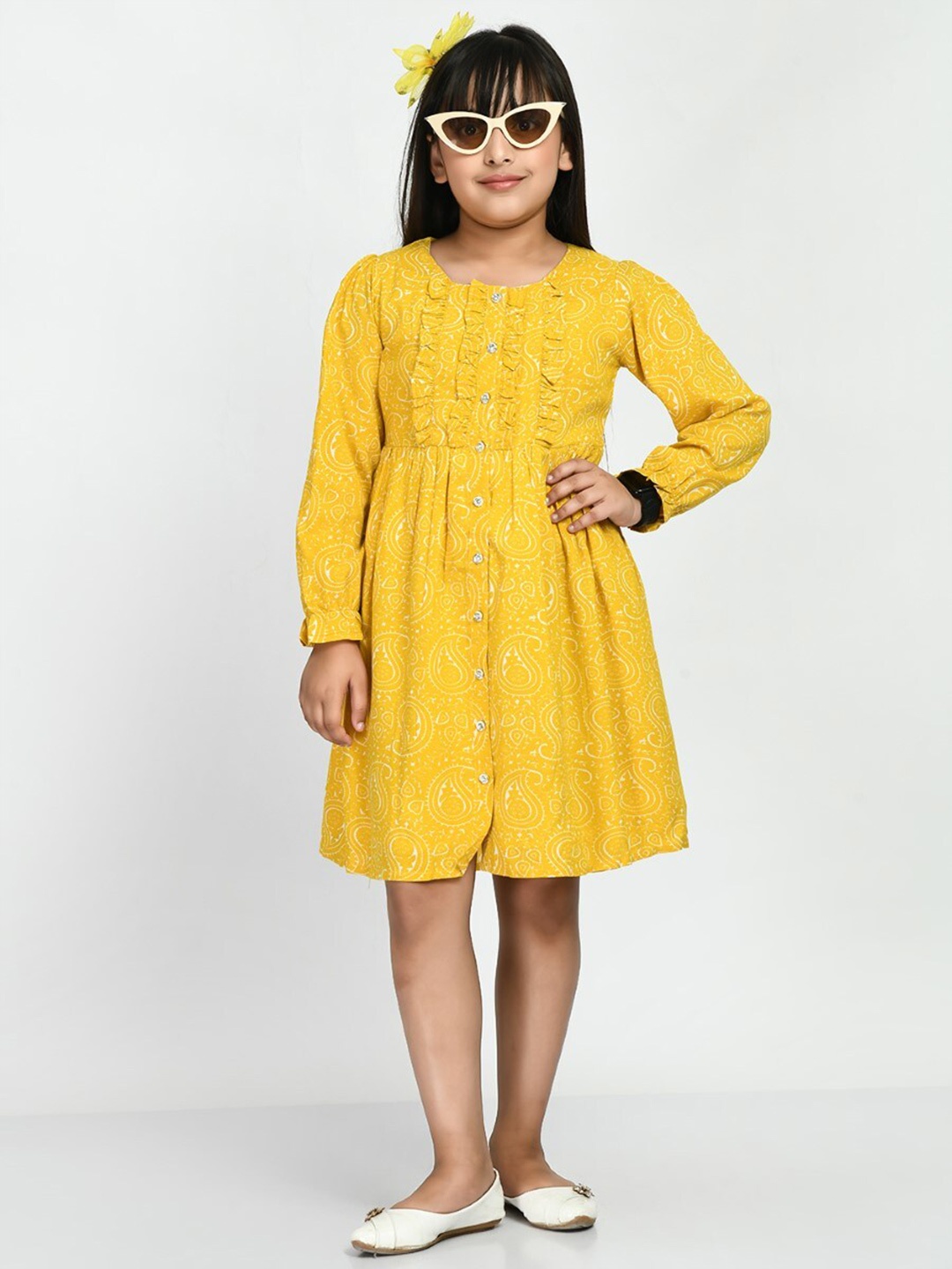 

Bella Moda Girls Floral Printed Pure Cotton Fit & Flare Dress, Yellow