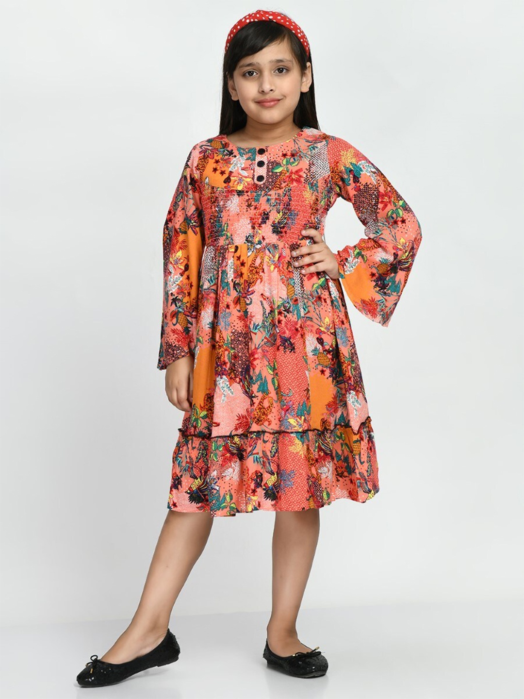 

Bella Moda Girls Floral Printed Pure Cotton Fit & Flare Dress, Peach