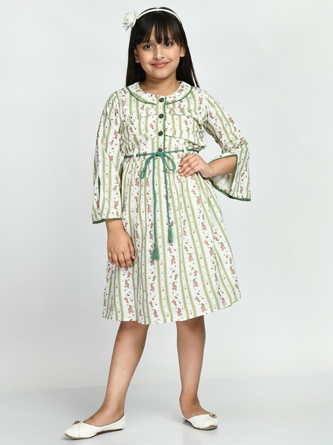

Bella Moda Girls Floral Printed Pure Cotton Fit & Flare Dress, Cream