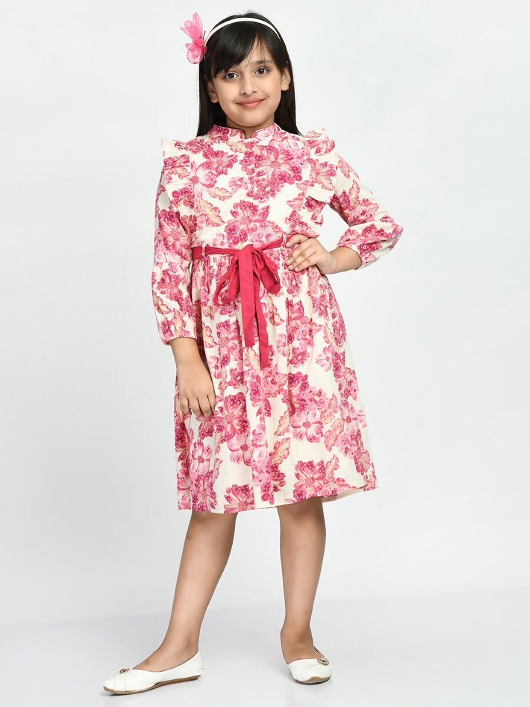 

Bella Moda Girls Floral Printed Pure Cotton Fit & Flare Dress With Belt, Pink